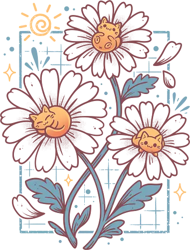 Lazy Daisy Cats - cat lover, kittens, summer vibes, spring, daisy flower, floral, nature, cottagecore, kawaii, cozy, botanical, garden, flowers, cute animals