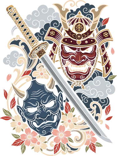 Spirits of the Blade: Samurai & Oni - Japanese samurai shirt, Oni mask graphic tee, Irezumi tattoo apparel, katana sword design, neo traditional tattoo shirt, cherry blossom streetwear, Japanese folklore clothing, Yokai demon tee, aesthetic samurai merch, martial arts graphic shirt