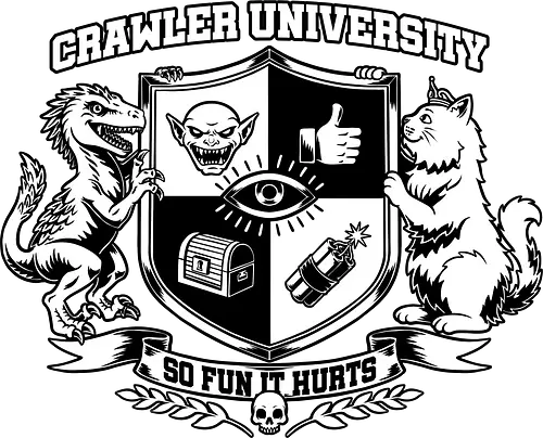 Dungeon Crawler University - nerd, geek, book, books, bookworm, RPG, role-playing game, tabletop, isekai, fantasy, adventure, post-apocalypse, crawler, game, video game, video games, games, fun, funny, college, university, logo, coat of arms, shield, cat, pet, persian cat, dinosaur, velociraptor, raptor, monster, creature, goblin, social media, thumbs up, treasure chest, treasure, prize, bomb, explosion, explosive, fire, quote, Donut, Science Fantasy, Science Fiction, Scifi