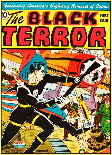 Black Terror #1 – Amerikas kämpfender Erzfeind des Verbrechens ist da - Vintage-Superhelden-T-Shirt aus dem Zweiten Weltkrieg, Golden-Age-Helden-T-Shirt, Superhelden-Kleidung mit Totenkopfkostüm, Kriegszeit-Comic-T-Shirt, Superhelden-T-Shirt im Stil der 1940er Jahre, Vintage-Kleidung mit Kriegsheldenmotiv, Retro-Comic-Cover-T-Shirt, Patriotisches Helden-T-Shirt, Vintage-Kleidung aus der Zeit des Zweiten Weltkriegs, T-Shirt mit Comic-Kunst der Golden Age, Helden-T-Shirt mit Totenkopf-und-Knochen-Motiv, Vintage-Kleidung mit Actionheldenmotiv, Superhelden-T-Shirt aus der Kriegszeit, Retro-Kriegshelden-T-Shirt, Klassische Golden-Age-Kleidung
