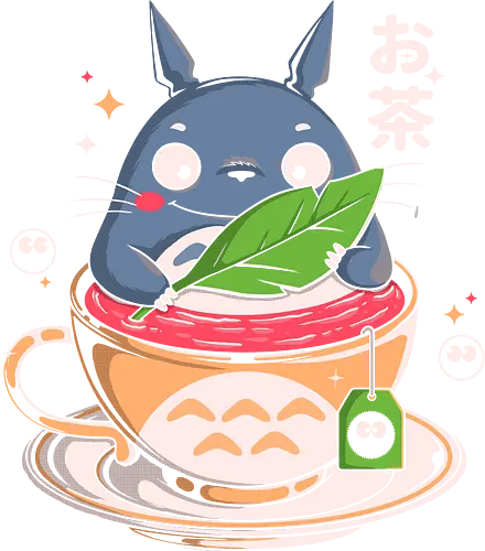 My Tea Neighbor - cozy fantasy, tea lover, forest spirit, kawaii art, japanese aesthetic, magical creature, woodland magic, cute character, nature lover, anime inspired, cottagecore, green tea, whimsical art, cozy vibes, geek culture