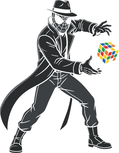 Noir Web Detective & The Colorful Puzzle Cube - comic book, noir, detective, vigilante, puzzle cube, magic cube, superhero, alternate universe, monochrome, trench coat, fedora, web mask, retro toy, 80s toy, logic puzzle, speedcubing, geek, nerd art, black and white, pop culture mashup