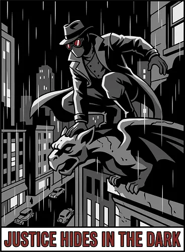 Justice Hides In The Dark - Noir Masked Vigilante - noir, vigilante, gargoyle, detective, justice hides in the dark, comic book art, dark city, masked hero, trench coat, fedora, retro comic, 1930s aesthetic, Retro, rainy city, gothic, antihero, crime fighter, mystery, justice, shadowy figure