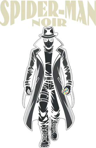 Noir Arachnid Vigilante & The Colorful Puzzle Cube - noir, detective, vigilante, puzzle cube, comic book, monochrome, black and white, alternate universe, trench coat, fedora, masked hero, retro toy, vintage comics, multiverse, superhero, dark aesthetic, magic cube, 1930s hero, pop culture, mystery