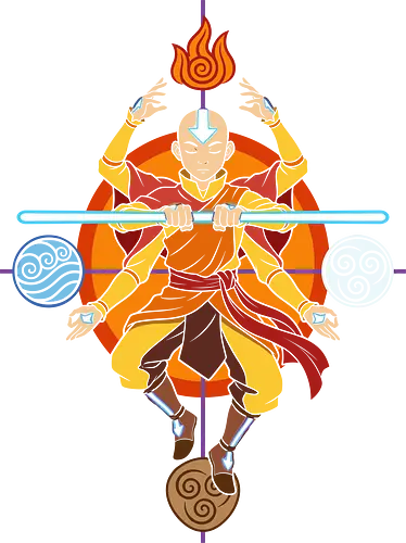 Master of the Four Elements - Spiritual Monk - four elements, elemental magic, meditating monk, spiritual warrior, inner peace, harmony, cosmic balance, martial arts fantasy, blue arrow, elemental symbols, water earth fire air, six arms, eastern philosophy, anime aesthetic, cartoon monk, enlightenment, elemental master, fantasy art, zen, retro cartoon