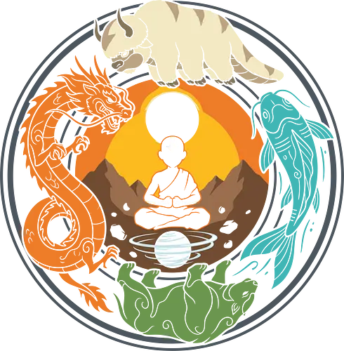 Spiritual Balance - Elemental Spirit Animals Mandala - elemental magic, four elements, meditating monk, spirit animals, mandala, flying bison, koi fish, fire dragon, earth badger, martial arts fantasy, spiritual balance, inner peace, cosmic harmony, eastern philosophy, anime aesthetic, retro cartoon, fantasy creature, zen, yin yang, harmony