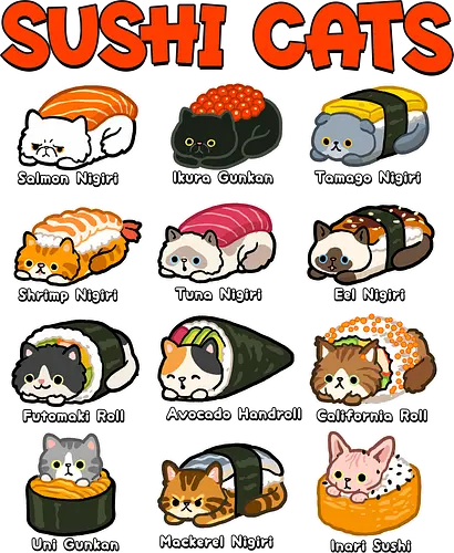 Sushi Cats - sushi cat, animals, cats, food, japan, japanese, kawai, kitty, meow, neko, sashimi, soy sauce, sushi, sushi roll, wasabi