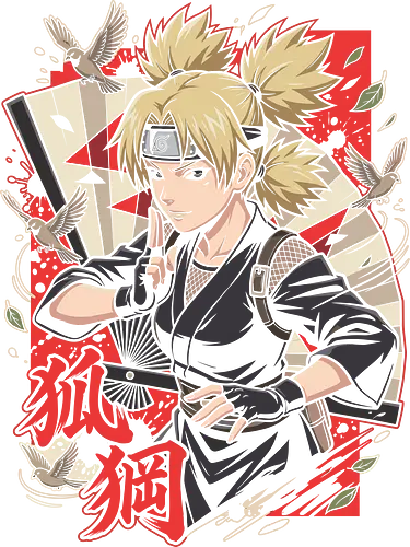 Wind Warrior Kunoichi - kunoichi, ninja, shinobi, anime girl, giant fan, folding fan, wind magic, wind element, shonen, manga aesthetic, japanese kanji, martial arts, warrior woman, anime aesthetic, japanese streetwear, action anime, otaku, fierce, birds, retro anime