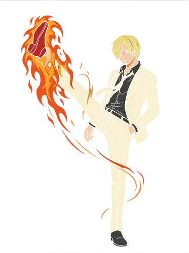 Fiery Kick Gentleman - anime boy, flaming kick, fire, martial arts, white suit, blonde hair, shonen, manga aesthetic, action anime, gentleman, brawler, anime fighter, japanese streetwear, otaku, cool anime, aesthetic, high kick, smoking, combat, combat boots