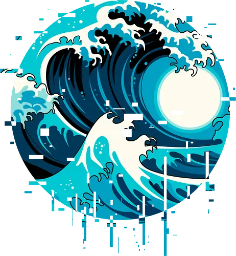 broken wave  - ocean, glitch, videogame, kanagawa, painting, surfing, beach, summer, vintage, classic
