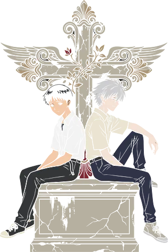 The Pilot & The Angel - Evangelion shirt, Shinji and Kaworu merch, Kawoshin apparel, anime gothic tee, winged cross graphic, 90s anime streetwear, aesthetic otaku clothing, psychological anime design, sad anime boy shirt, retro mecha fashion