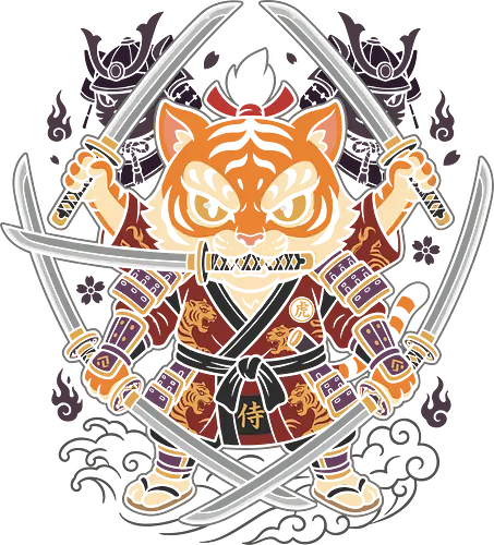 Five-Blade Fury: The Tiger Ronin - Tiger samurai shirt, anime swordsman graphic tee, five sword style apparel, Japanese streetwear clothing, fierce kawaii animal tee, shonen manga fashion, katana sword graphic, neo traditional Japanese design, ronin tiger merchandise, anime parody streetwear