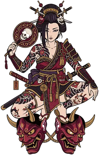 Oni Queen: The Irezumi Geisha Warrior - Japanese geisha shirt, Oni mask graphic tee, Irezumi tattoo apparel, Samurai warrior streetwear, Yakuza aesthetic clothing, Neo traditional tattoo design, Dark Japanese folklore, Edgy alternative fashion, Katana sword girl merch, Demon queen graphic