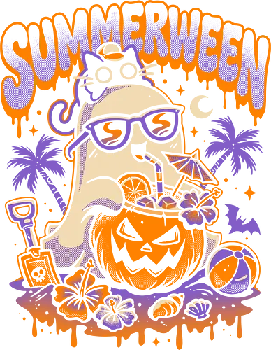 Summerween Beach Day - Ghost and Cat - ghost, summerween, beach, black cat, halloween, spooky cute, pumpkin, vacation, holiday, spooky season, summer, funny, horror, holidays, relaxing