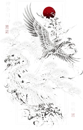 Crane with Rising Sun - crane, sun, sunset, japan, japanese, cool, kanji, rising, anime, manga, tree, bonsai