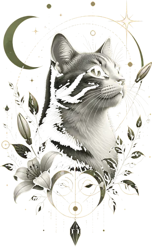 Celestial Cat with Lilies - cat, celestial, moon, portrait, modern, mystical, botanical, majestic, animal, animals