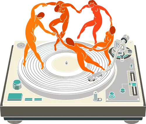 The Vinyl Dance - vinyl record shirt, vintage turntable graphic, Matisse dance apparel, retro music streetwear, DJ clothing, artistic music tee, dancing silhouettes design, indie aesthetic fashion, classic vinyl merch, fine art mashup