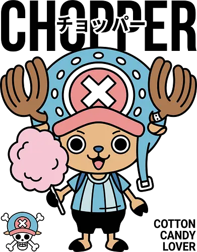 Cotton Candy Lover: Kawaii Chopper Graphic - anime graphic tee, kawaii anime clothing, Straw Hat Pirates gear, cute anime streetwear, Chopper Jolly Roger, manga pop art tee, Japanese text anime design, candy lover apparel