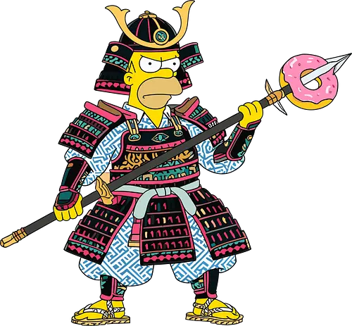 The Donut Samurai - Homer samurai shirt, funny cartoon parody tee, donut samurai graphic, pop culture mashup apparel, animated dad shogun, pink frosted donut shirt, Japanese warrior comedy design, cartoon streetwear, funny foodie clothing, retro animation mashup