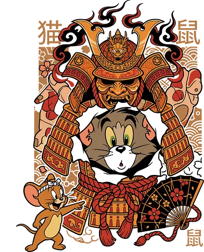 The Ultimate Cat & Mouse Rivalry - samurai cartoon mashup, Japanese cat and mouse tee, funny animation parody, retro 90s cartoon streetwear, samurai armor graphic, nostalgic cartoon merch, traditional Japanese pop art, funny pop culture clothing, classic rivalry apparel