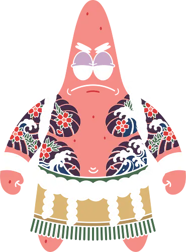 The Irezumi Boss - yakuza starfish shirt, funny cartoon parody tee, irezumi tattoo apparel, meme graphic streetwear, tough pink starfish, japanese gangster cartoon, pop culture mashup clothing, sumo starfish design, retro cartoon yakuza, cherry blossom tattoo shirt