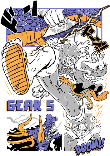 Booming Power - Pirate, gear 5 action, Pirate, anime battle, dynamic pose, anime pirate, manga art, sun god nika