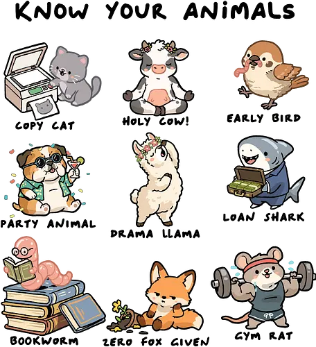 Know Your Animals - animals, animals of the world, bookworm, copy cat, drama llama, early bird, funny, gym rat, holy cow, idiom, joke, loan shark, party animal, sarcastic, zero fox given