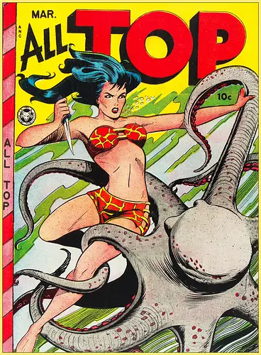 Vintage Pin-Up Kriegerin Oktopus Retro 1940er Comic - vintage comic shirt, retro pin-up tee, All Top Comics, golden age art apparel, pulp fiction shirt, 1940s retro tee, vintage warrior shirt, comic cover art tee, retro pop art apparel, pin-up style shirt, pulp art clothing, vintage illustration tee, retro comic art shirt, old school comic apparel, vintage geek shirt, Golden Age Comics, retro warrior art tee