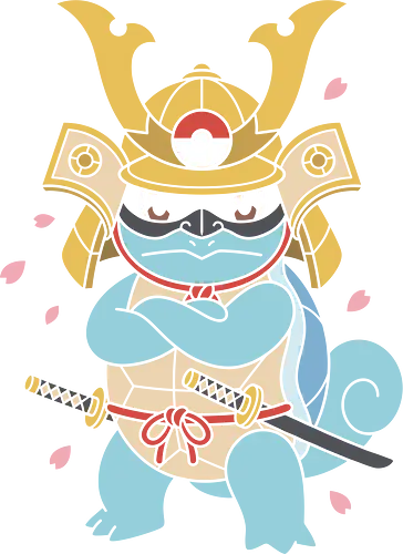 The Shell Shogun: Water Warrior - samurai turtle shirt, water pocket monster graphic, anime streetwear, Japanese samurai apparel, retro gaming tee, cherry blossom otaku clothing, pop culture mashup design, kawaii warrior merch, nostalgic gamer aesthetic, ninja turtle anime shirt