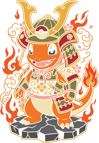 The Ember Shogun: Samurai Fire Starter - Charmander samurai shirt, fire pocket monster graphic, anime streetwear tee, Japanese samurai apparel, retro gaming clothing, kawaii warrior merch, pop culture mashup design, otaku gaming aesthetic, nostalgic gamer shirt, cherry blossom anime apparel