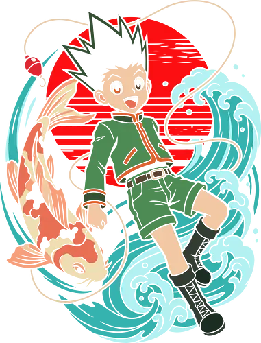 Retro Koi Wave - Gon Freecss shirt, Hunter anime merch, retro anime streetwear, Japanese wave graphic tee, koi fish aesthetic apparel, rookie hunter clothing, shonen manga design, otaku pop art shirt, anime fishing graphic, vintage aesthetic anime tee