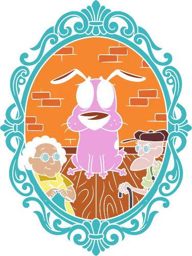 Family Portrait of Nowhere: Vintage Cameo - Courage the Cowardly Dog shirt, nostalgic 90s cartoon apparel, Muriel and Eustace graphic, vintage family portrait tee, retro animation streetwear, pop culture cameo design, 2000s cartoon nostalgia merch, creepy cute aesthetic clothing, classic cartoon characters, vintage ornate frame tee