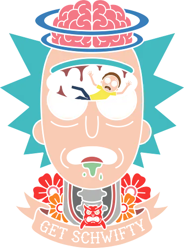 Schwifty Mind Trip: Neo-Traditional Graphic - Rick and Morty shirt, Get Schwifty merch, trippy cartoon apparel, neo traditional tattoo graphic, adult animation streetwear, sci-fi pop culture tee, Rick Sanchez brain design, falling Morty clothing, alternative geek fashion, surreal cartoon graphic