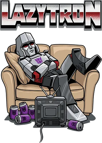 Lazytron: Megatron-Parodie – Lümmelnd auf der Couch - Decepticon, Parodie, faul, Lazytron, Couch-Potato, G1, 80er-Jahre-Cartoon, Retro, Cybertron, Energon, lustig, Roboter, Spielzeug-Parodie, Geek, Nerd, Decepticon-Shirt, Megatron-Kunst, lustiger Roboter, G1-Roboter-Parodie