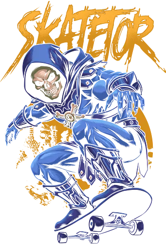 Skatetor – Skateboarding-Skeletor: Retro-Cartoon-Mashup - Skatetor, Skateboarding, Skateboarder, Retro-Cartoon, 80er-Jahre-Cartoon, Mashup, Vintage, Metallkunst, Totenkopf, Totenkopfkunst, Skateboard-Design, Skate-Art