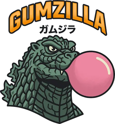 Retro Gumzilla Kaiju-Kaugummi-Parodie - Gumzilla, Kaiju, Kaugummi, rosa Blase, Kaugummiblase, Monster, Retro-Cartoon, Vintage-Maskottchen, Monster-Mashup, Riesenmonster, Katakana, Gamu-jira, süßes Monster