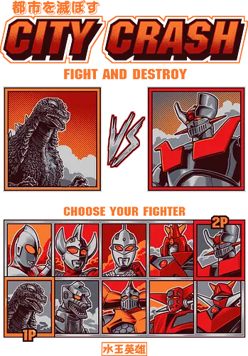 Kaiju vs. Mecha – Retro-Arcade-Kampfspiel - Kaiju vs. Mecha, Arcade-Kampfspiel, Wähle deinen Kämpfer, Retro-Gaming, Riesenmonster, Super-Roboter, Tokusatsu, Mecha-Anime, Retro-Arcade, Kampfspiel, Kaiju, Godzilla-Parodie, Retro-Gamer, Japanischer Roboter, 90er-Jahre-Arcade