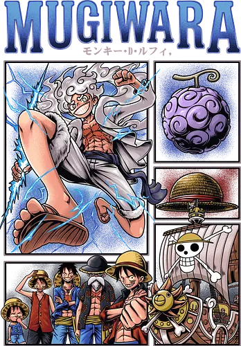 Monkey D. Ruffys Gear 5-Evolution – Pirate Mugiwara - Pirate, Gear 5 Luffy, Joyboy, Sun God Nika, Mugiwara, Straw Hat Pirates, Gomu Gomu no Mi, Devil Fruit, Thousand Sunny, Anime Evolution, Manga Panels, Pirate King, Shonen Jump, Anime Streetwear, Otaku, Weeb, Grand Line, Yonko, Wano Country, Anime Fanart, Japanese Text, East Blue, Anime Pirate, Nakama