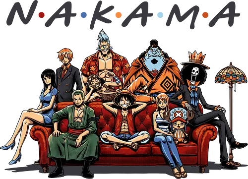 Nakama-Freunde-Parodie – Pirate: Strohhutpiraten auf der Couch - Pirate, Straw Hat Pirates, Nakama, Friends TV Show Parody, The One With The Pirates, Roronoa Zoro, Nami, Sanji, Tony Tony Chopper, Nico Robin, Franky, Brook, Jinbe, Anime Crossover, Funny Anime, Sitcom Couch, Orange Couch, 90s Nostalgia, Pop Culture Mashup, Weeb, Otaku, Anime Streetwear, Grand Line, Anime Family