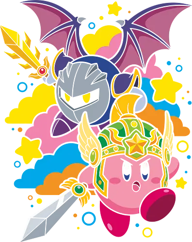 Dreamland Defenders: The Pink Hero & The Dark Knight - Kirby graphic shirt, Meta Knight apparel, kawaii gaming tee, Dreamland defenders merch, Smash Bros clothing, pink puffball design, pastel pop art gamer shirt, classic platformer tee, Sword ability Kirby, retro Console streetwear