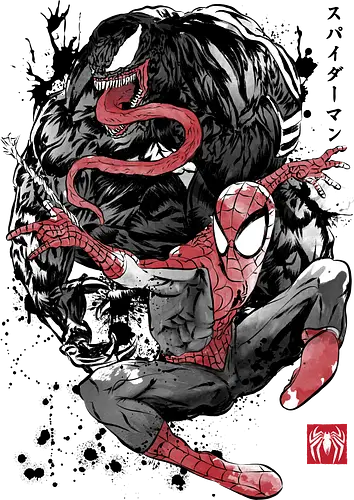 The Spider and the Symbiote sumi e - super heroes, comics, action movies, spider, japanese art, japan, sumi e