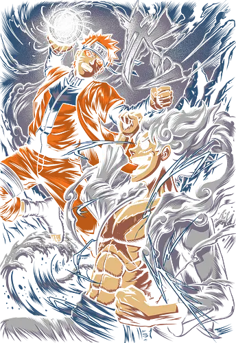 Shinobi gegen pirate – Gear 5: Anime-Kampf-Crossover - Naruto gegen Luffy, Luffy im Gear 5, Anime-Kampf, Anime-Crossover, Shonen-Anime, Naruto Uzumaki, Monkey D. Luffy, epischer Anime-Kampf, Ninja gegen Pirat, Manga-Kunst, Otaku, Anime-Mashup, Anime-Rivalität, Rasengan, Sonnengott Nika