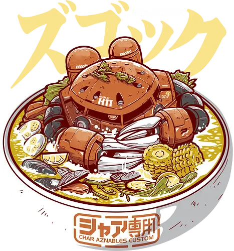 Char Z'Gok Meeresfrüchte-Ramen – Lustige Mecha-Parodie - Zgok, Char Aznable, Ramen-Nudeln, Anime-Essen, Mecha-Parodie, Mobile Suit, Zeon, lustige Ramen, Ramen mit Meeresfrüchten, Gunpla, Retro-Mecha, Otaku, japanisches Essen, Roboterkrabbe, Anime-Crossover