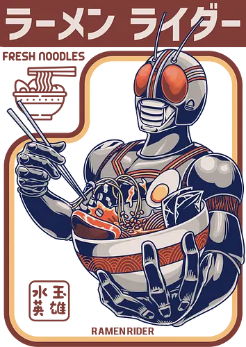 Kamen Rider isst Ramen-Nudeln – lustige Parodie - Kamen Rider-Parodie, Ramen Rider, Tokusatsu-Held, Ramen-Nudeln, japanisches Essen, Masked Rider, Henshin, lustige Ramen, Anime-Essen, Nudel-Liebhaber, Retro-Superheld, Anime-Parodie, Otaku, Ramen-Schüssel, Popkultur-Mashup