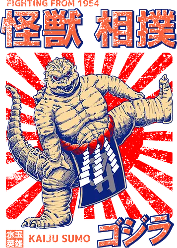 Kaiju als Kaiju-Sumo-Ringer – Parodie auf japanische Monster - Kaiju, Kaiju, Kaiju-Sumo, Sumo-Ringer, lustige Monster-Parodie, japanisches Wrestling, Kaiju-Kampf, Kampf aus dem Jahr 1954, japanisches Retro-Thema, Otaku-Humor, Riesenmonster, radioaktiver Dinosaurier, Sumo-Kampf, Kampfsport-Parodie, Tokio-Monster, Nerd-Humor, Popkultur-Mashup, Schwergewichts-Champion, Yokozuna, Kaiju-Fanart, lustiger Dinosaurier, japanische Streetwear