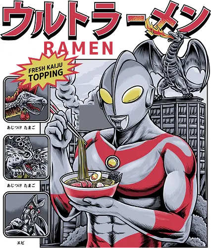 Ultramen Ramen-Nudelsuppe – Lustige Kaiju-Topping-Parodie - Ultraman-Parodie, Ultramen, Ramen-Nudeln, Lustiges Tokusatsu, Parodie auf japanisches Essen, Kaiju-Kampf, Frische Kaiju-Beilage, Alien Baltan, Riesige Monstersuppe, Superhelden beim Essen, Otaku-Humor, Japanische Streetwear, Foodie-Kleidung, Nudel-Liebhaber, Skyline von Tokio, Retro-japanisches Fernsehen, Sci-Fi-Komödie, Monster-Menü, Wortspiel-Grafik, Helden-Appetit, Riesenroboter
