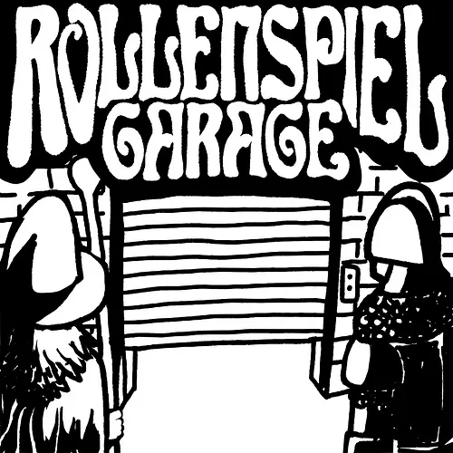 Logo des Podcasts RollenspielGarage in Graustufen. Design by CarlBox. Feuerball!