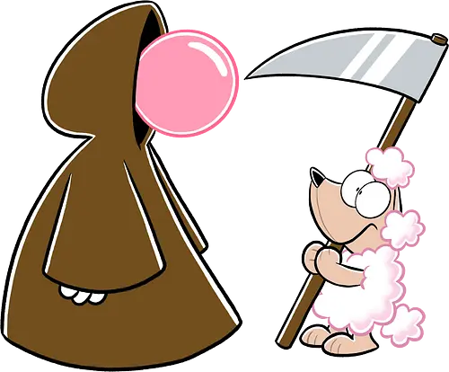 Kaugummi-Tod und Pudel - tod, pudel, sense, kaugummi, cartoon, cartoons, nichtlustig, nicht lustig
