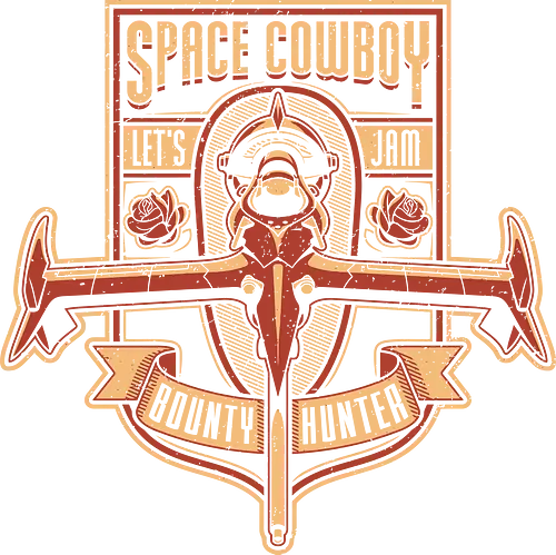 Space Cowboy Kopfgeldjäger – Let's Jam Vintage Badge - space cowboy kunst, Cowboy, kopfgeldjäger vintage, retro anime abzeichen, space western design, vintage abzeichen shirt, anime retro kunst, sci-fi cowboy druck, weltraum kopfgeldjäger, retro weltraum design, vintage rose abzeichen, grunge weltraum kunst, sci-fi vintage abzeichen, space western druck, retro kopfgeldjäger, anime inspirierte kunst
