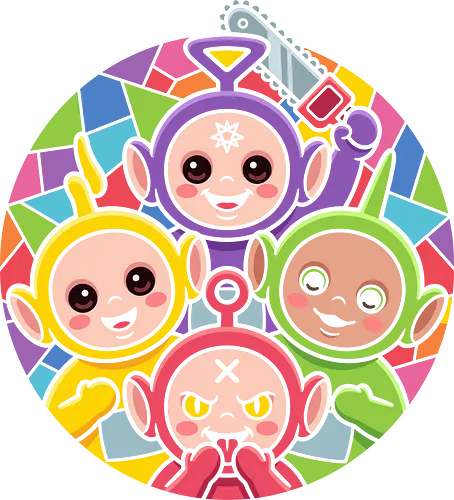 Terror-Tubbies: Stained Glass Nightmares - creepy cute graphic tee, dark humor nostalgic apparel, stained glass cartoon design, pastel goth 90s clothing, childhood ruined streetwear, horror mashup shirt, funny edgy pop culture tee, demonic alien characters, alt aesthetic nostalgia merch, parody shirt